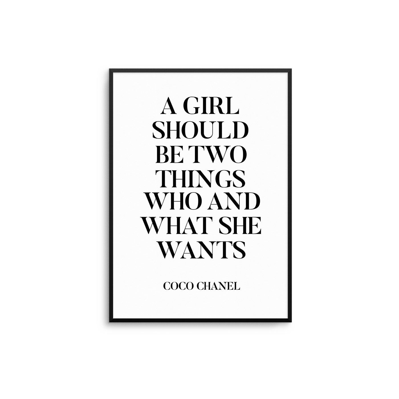 Black framed Coco Chanel quotation print with large centered serif lettering