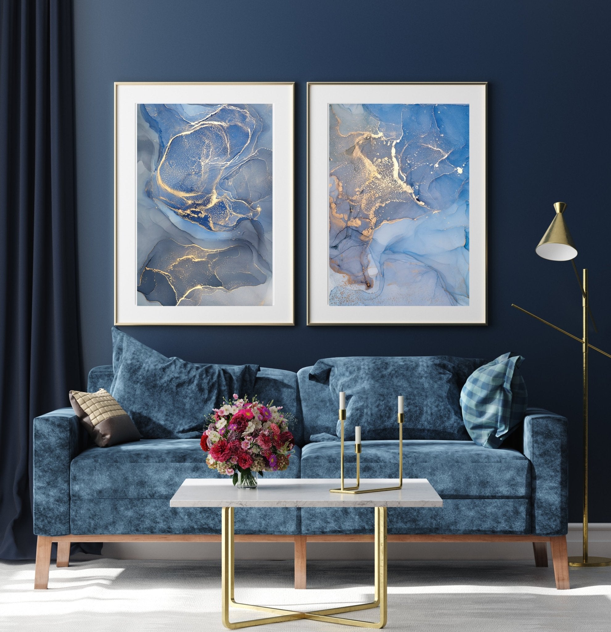 Blue Abstract Set Blue & Gold Ink Abstract Set of 2 Prints – D'Luxe Prints